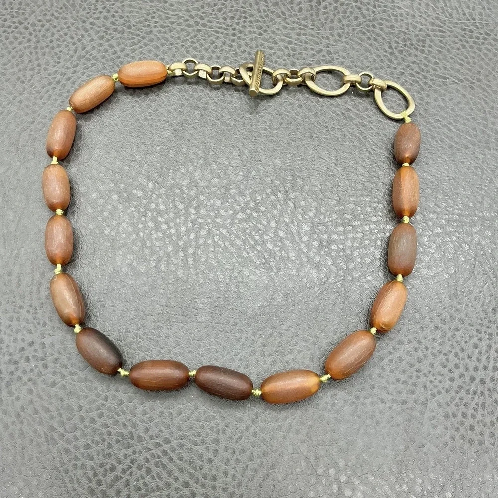 Kenneth Cole New‎ York Necklace Brown Wood Beads Gold Tone Chain Toggle Clasp